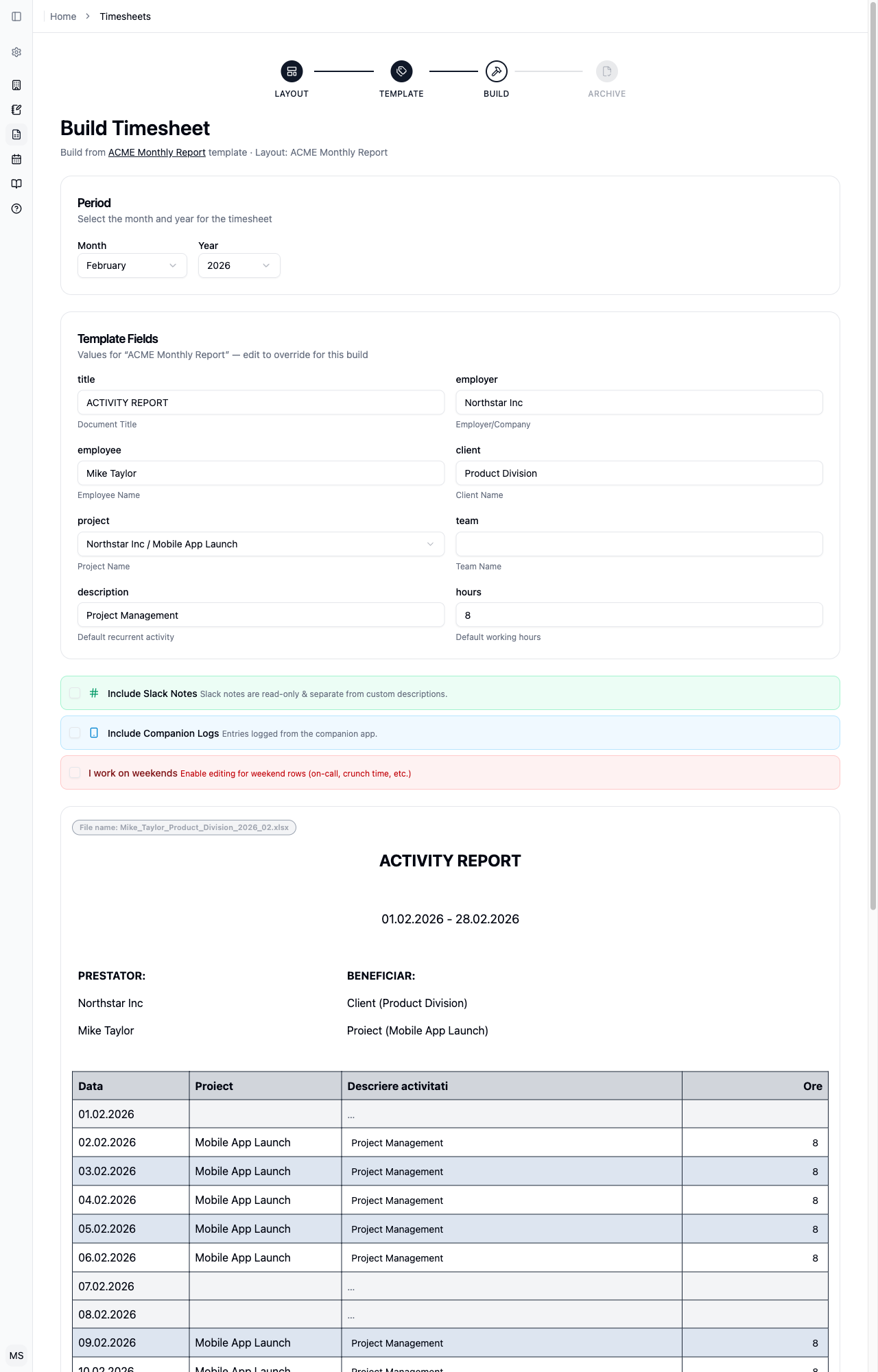 Timesheet generation preview